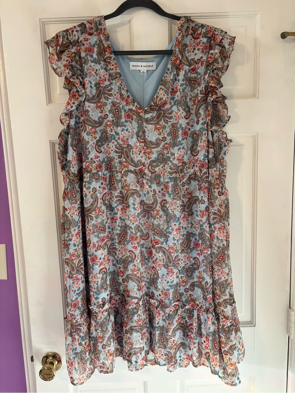 Emma & Michele Light Blue Paisley Ruffle-Sleeve Dress